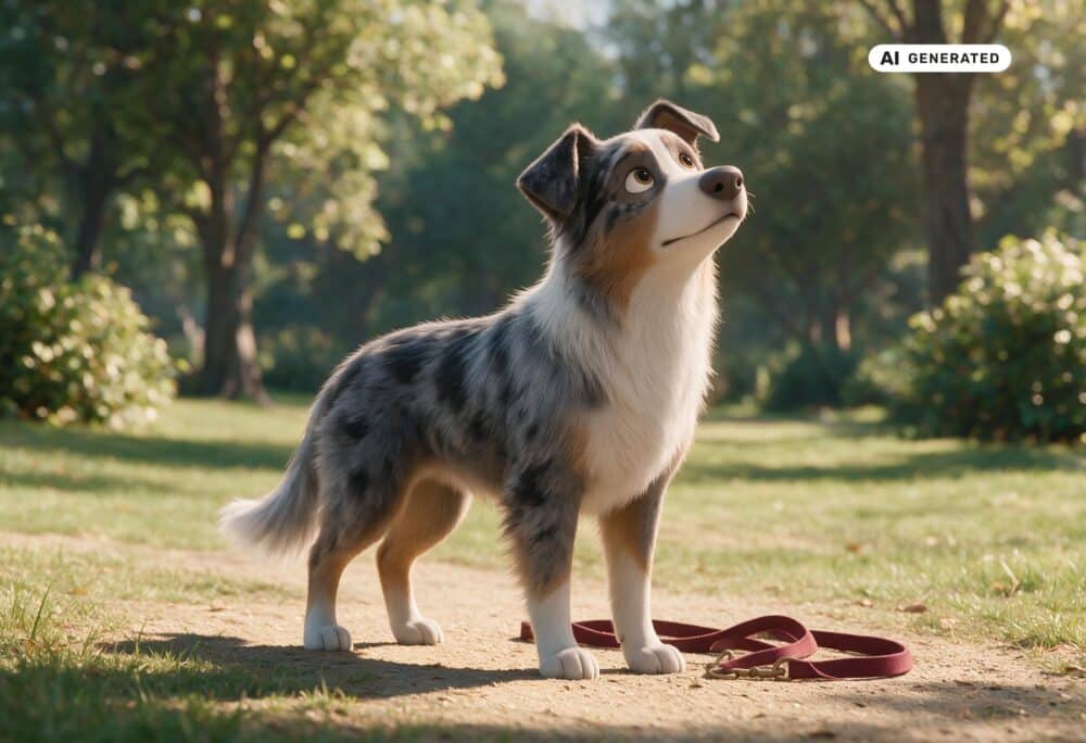 KI-generierte Darstellung eines Australian Shepherds, der auf einem Parkweg aufmerksam einen Geruch wahrnimmt.