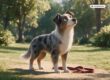 KI-generierte Darstellung eines Australian Shepherds, der auf einem Parkweg aufmerksam einen Geruch wahrnimmt.