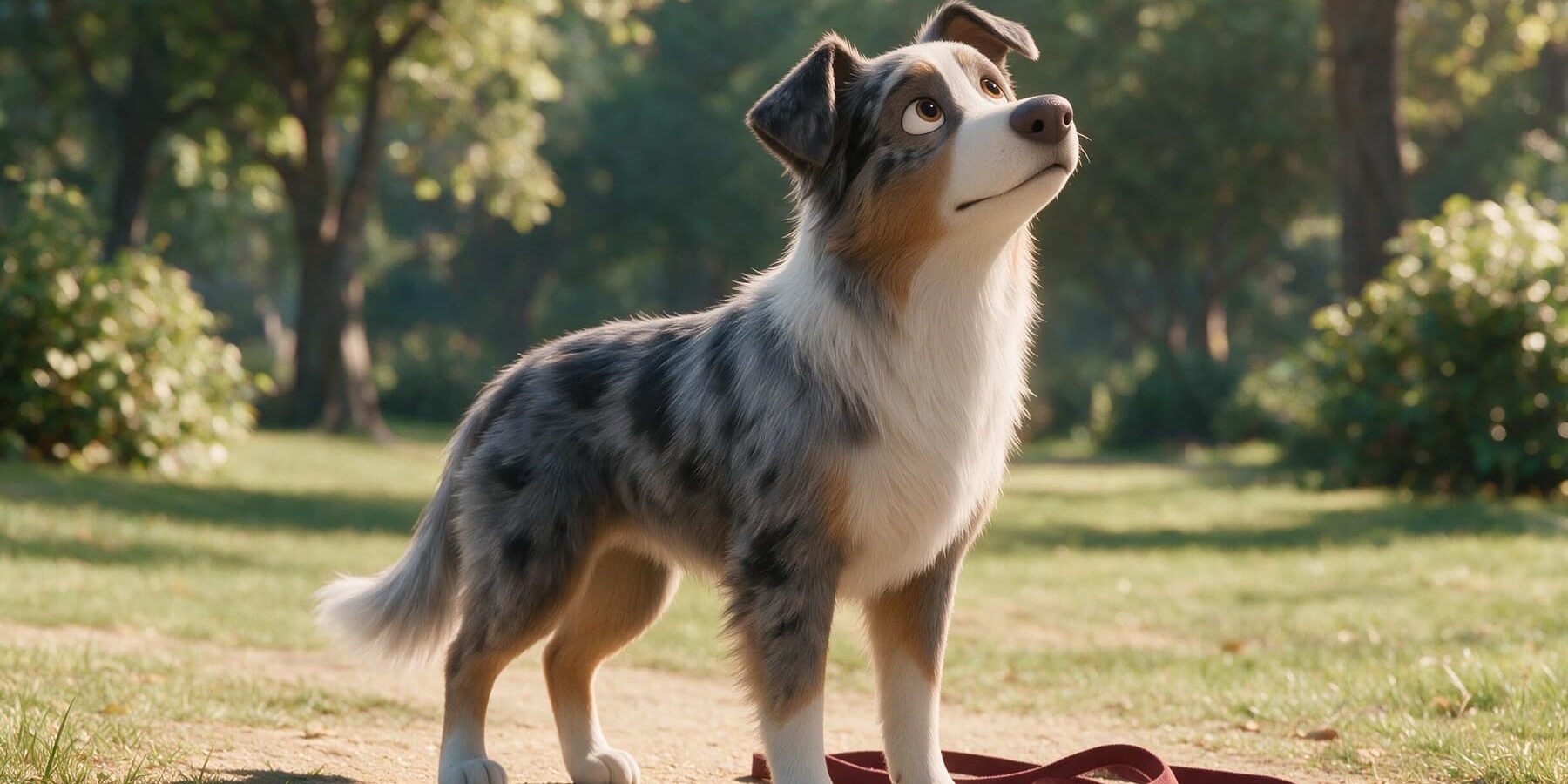 KI-Illustration 13436 – Verhalten einordnen KI-generierte Darstellung eines Australian Shepherds, der auf einem Parkweg aufmerksam einen Geruch wahrnimmt.