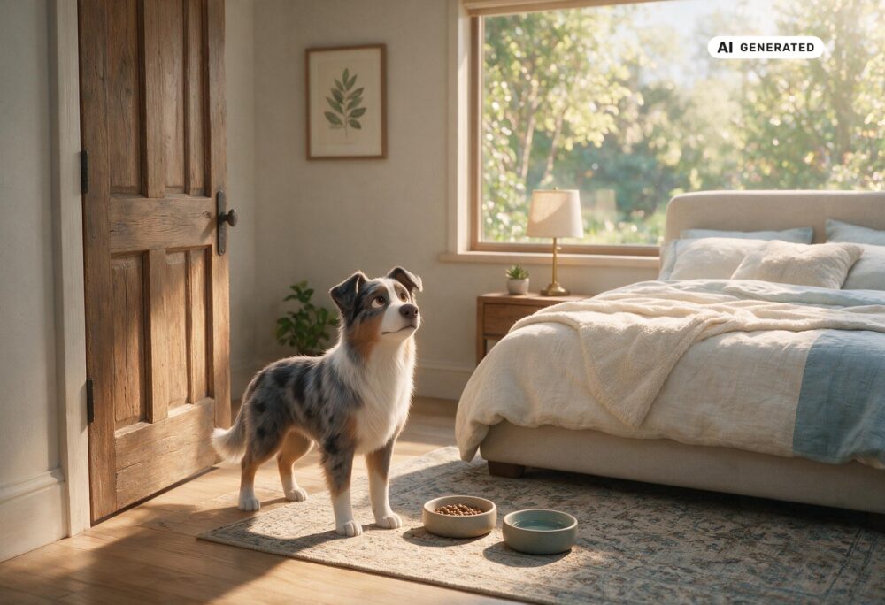 KI-generierte Darstellung eines unruhigen Australian Shepherds in einer ruhigen Wohnumgebung.