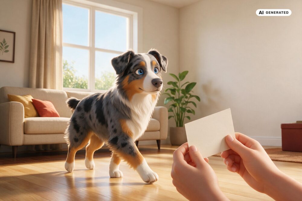 KI-generierte Darstellung eines Australian Shepherds bei der Beobachtung seiner natürlichen Bewegungsabläufe vor dem Taping.