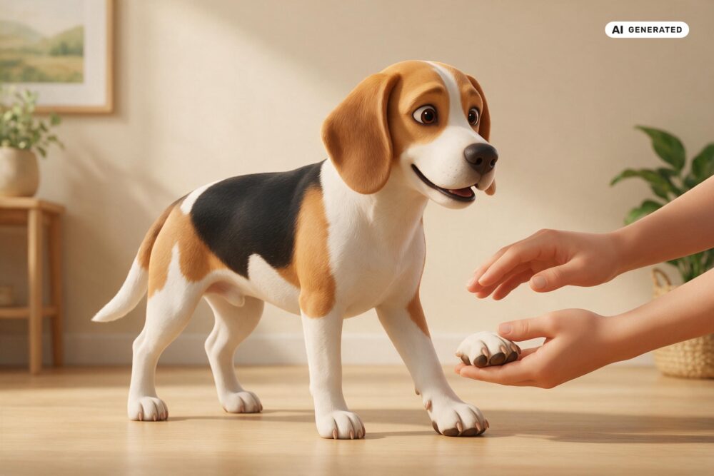 KI-generierte Darstellung eines Beagles bei der Beurteilung von Pfote, Krallenlänge und Wolfskralle.