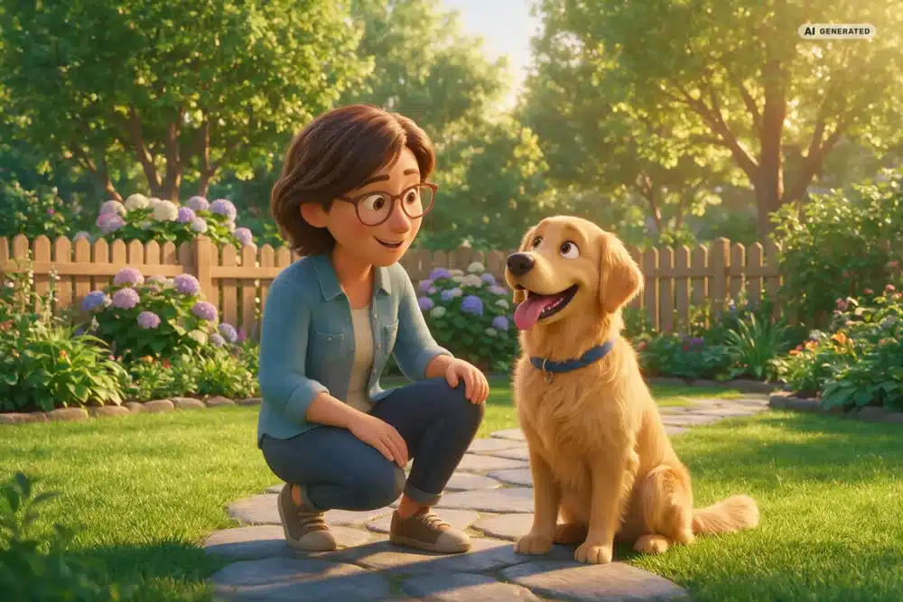 Mobile Verhaltenstherapie Hund – Motiv 1 KI-generierte Darstellung: Beobachtung der Körpersprache im Garten im 3D-Cartoonstil