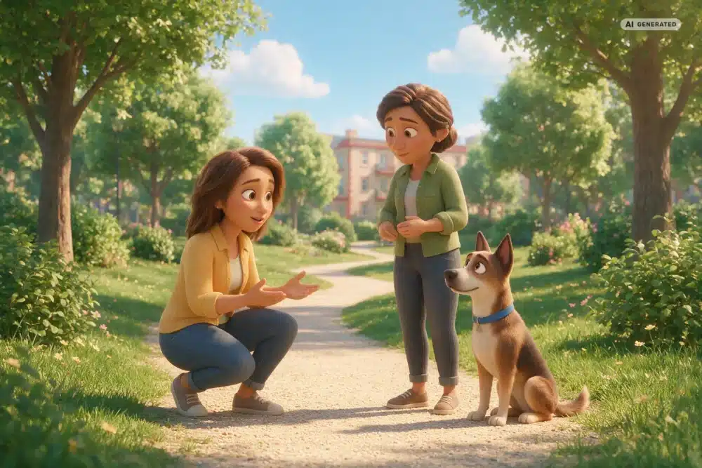 Mobile Verhaltenstherapie Hund – Motiv 2 KI-generierte Darstellung: Beratungsgespräch mit Hund und Bezugsperson im 3D-Cartoonstil