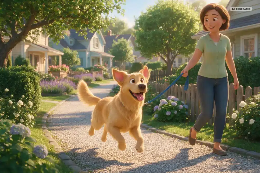 Mobile Verhaltenstherapie Hund – Motiv 3 KI-generierte Darstellung: Alltagstraining auf einem ruhigen Weg im 3D-Cartoonstil