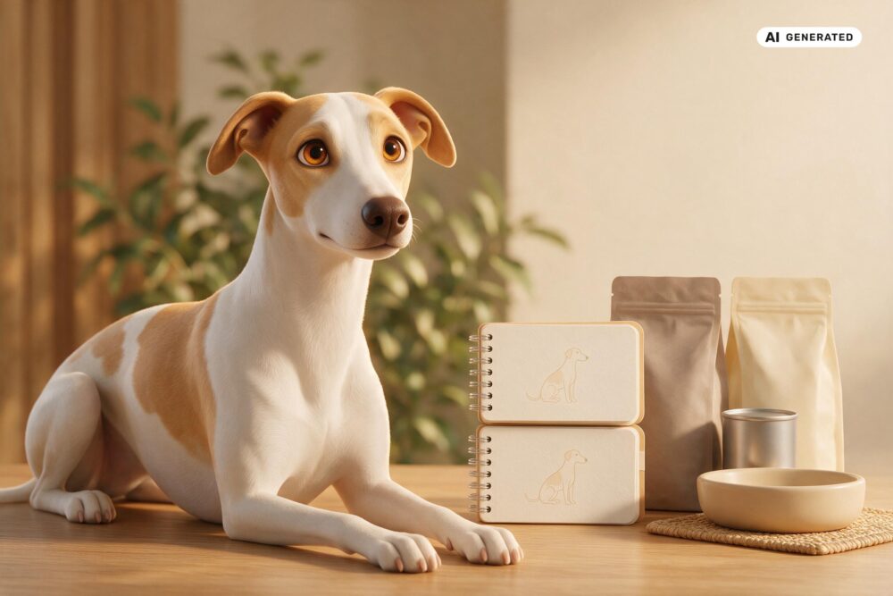 KI-generierte Darstellung eines Whippets mit passenden Alltagsgegenständen zum Abschnitt „Nicht jedes Spezialfutter passt zu jedem Hund“.