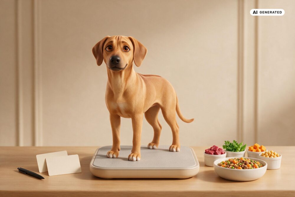 KI-generierte Darstellung eines Rhodesian Ridgebacks mit passenden Alltagsgegenständen zum Abschnitt „Prüfen, ob Rohfütterung zu Euch passt“.