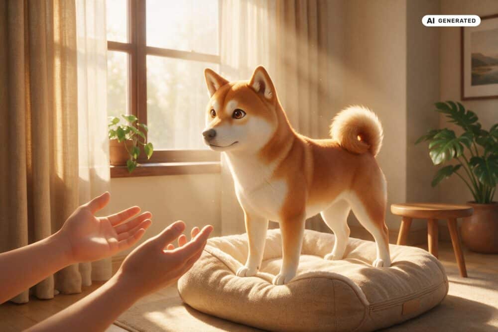 KI-generierte Darstellung eines Shiba Inus, der während einer ruhigen Reiki-Sitzung seinen Abstand selbst wählt.