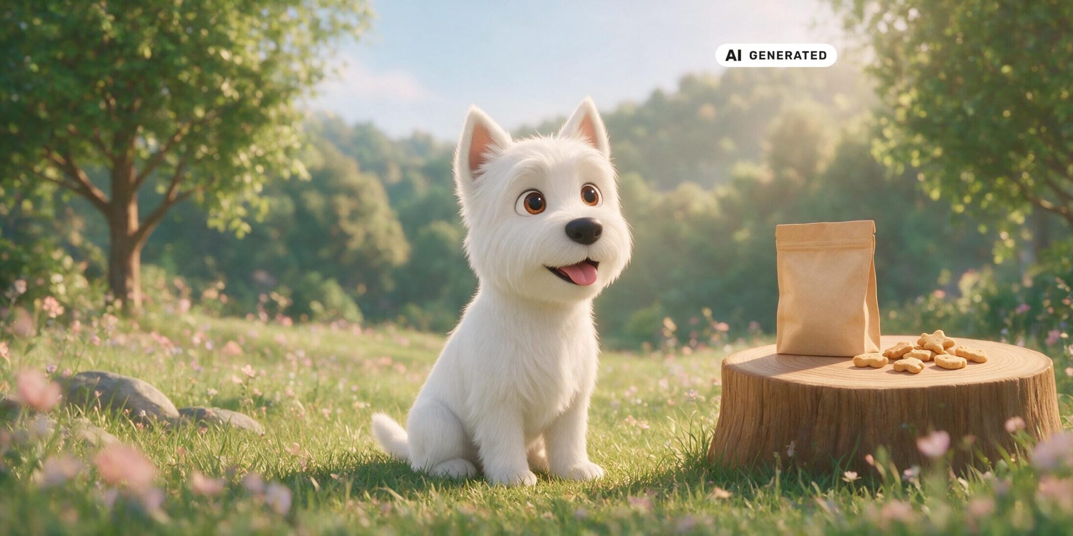 KI-generierte Darstellung eines fröhlichen West Highland White Terriers auf einer sonnigen Waldwiese neben einer neutralen Snacktüte und kleinen Hundesnacks