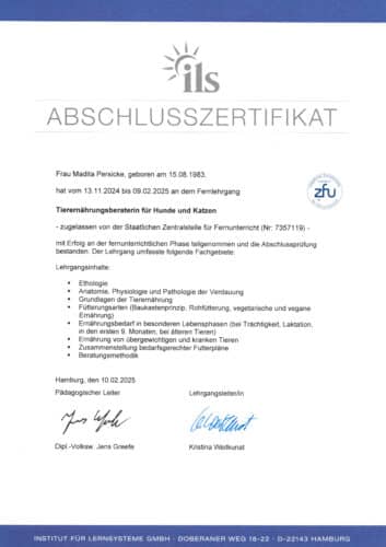 Tierernährungsberaterin Abschlusszertifikat - Tierheilpraktikerin Madita Persicke