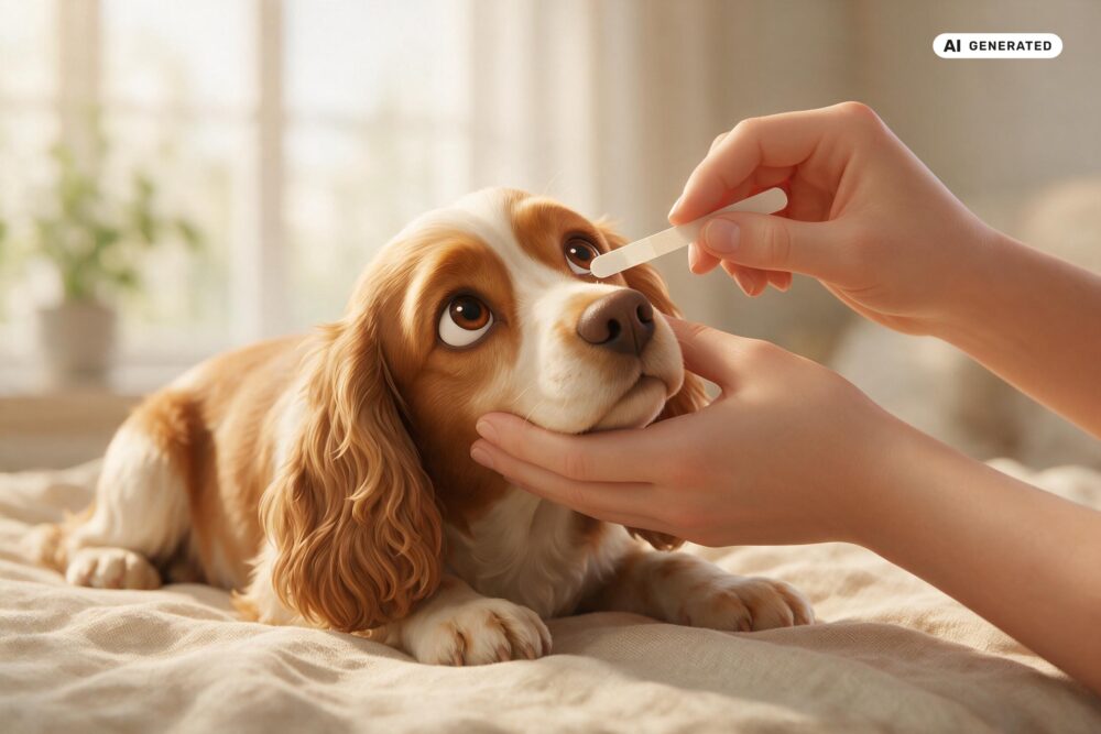 KI-generierte Darstellung eines Cocker Spaniels beim vorsichtigen Platzieren eines Schirmer-Teststreifens am unteren Lidrand.
