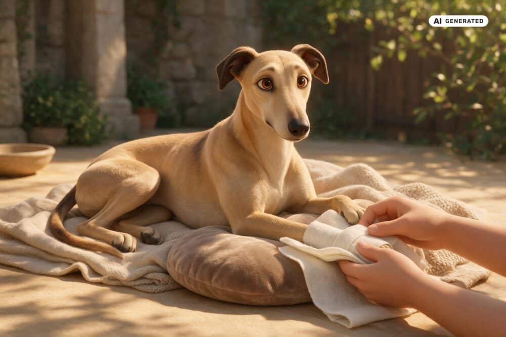 KI-generierte Darstellung eines Greyhounds beim behutsamen Polstern des unteren Vorderbeins.