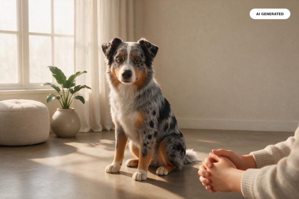 KI-generierte Darstellung eines Australian Shepherds in ruhiger häuslicher Umgebung; sichtbares Label AI GENERATED.