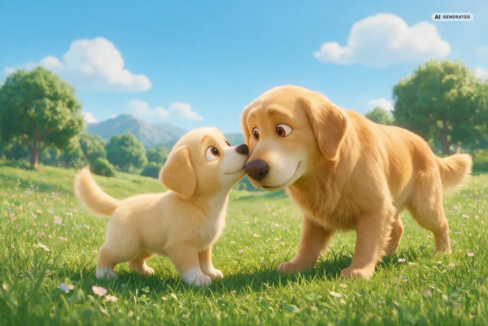 Welpensozialisierung Köln – Motiv 2 KI-generierte Darstellung: ruhige Begegnung zwischen Welpe und Hund im 3D-Cartoonstil