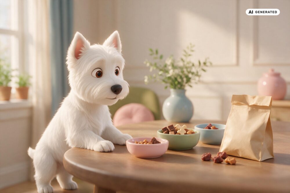 KI-generierte Darstellung eines West Highland White Terriers vor einer überschaubaren Auswahl kleiner Hundesnacks in Schalen und einer neutralen Papiertüte