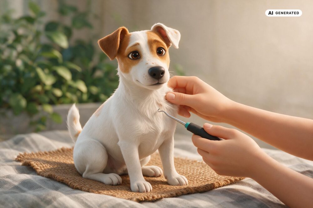 KI-generierte Darstellung eines Jack Russell Terriers bei der ruhigen Fellkontrolle mit vorbereitetem Zeckenhaken.